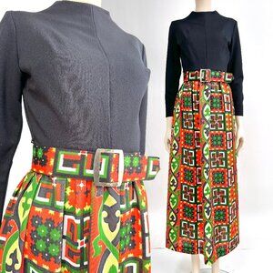 Vintage Psychedelic Maxi Dress 60s Mod Hostess Long Sleeve S